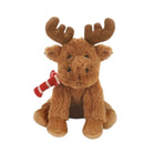 A brown plush moose toy with large antlers and a red-and-white striped knit scarf, shown against a plain white background.