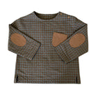 A long-sleeve plaid shirt with brown elbow patches and a chest pocket, shown flat on a white background.