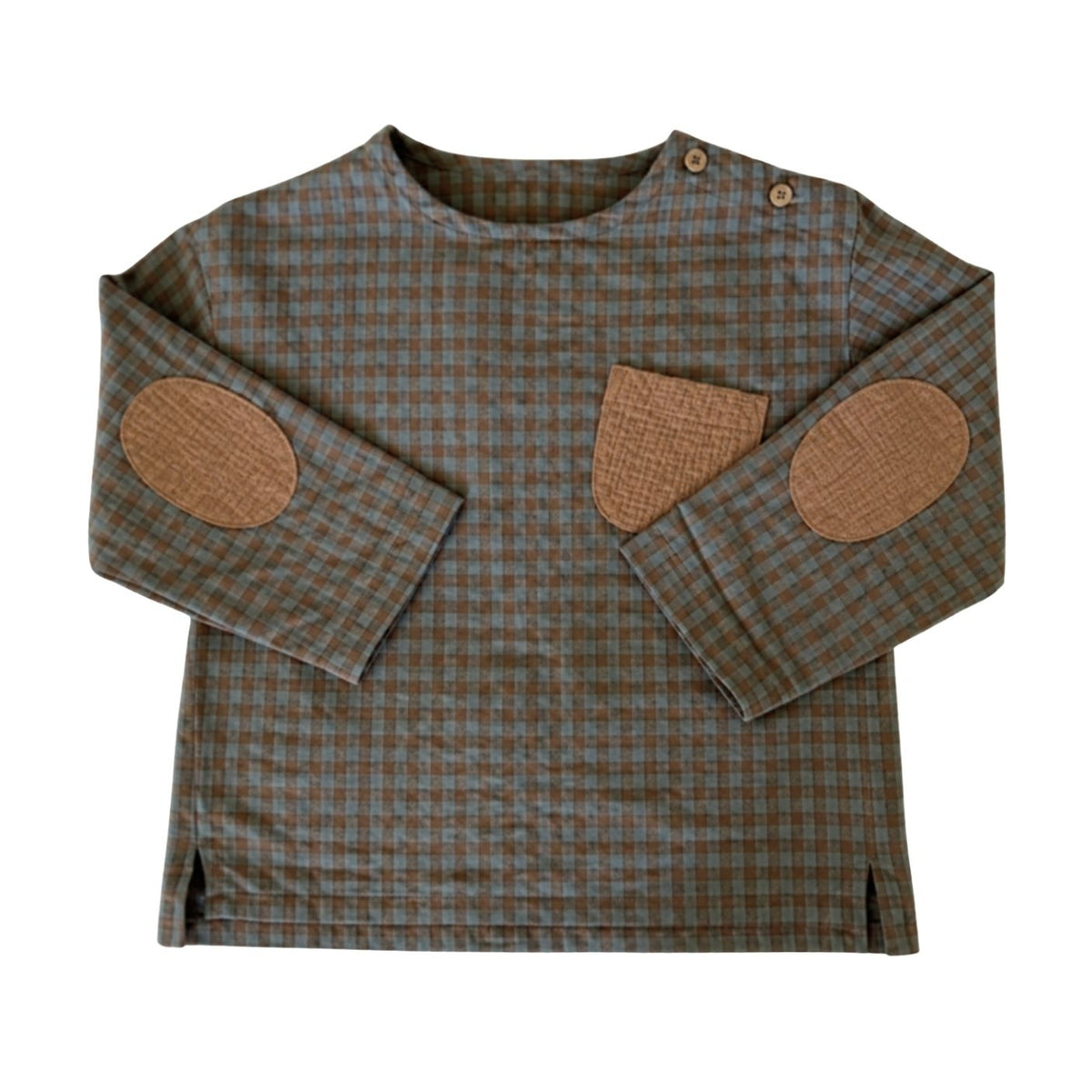 A long-sleeve plaid shirt with brown elbow patches and a chest pocket, shown flat on a white background.