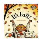 Children's board book cover titled 'It's Fall!' by Renée Kurilla, featuring a colorful autumn illustration with falling leaves, a bird, and a child wearing yellow glasses and a striped scarf, with a white lamb at the bottom right.