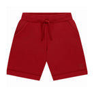 Red ribbed knit shorts with an elastic drawstring waistband, side pockets, and a small tonal logo patch on the lower left leg, shown against a plain white background.