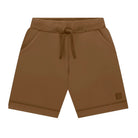 A pair of brown ribbed knit shorts with an elastic drawstring waistband and side pockets, shown against a plain white background.