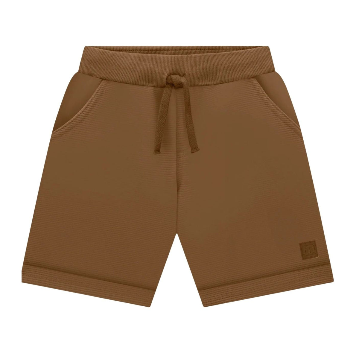 A pair of brown ribbed knit shorts with an elastic drawstring waistband and side pockets, shown against a plain white background.