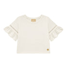 An off-white short-sleeve baby top by Milon, featuring ruffled sleeves with decorative eyelet lace trim and a small gold logo on the bottom right hem.
