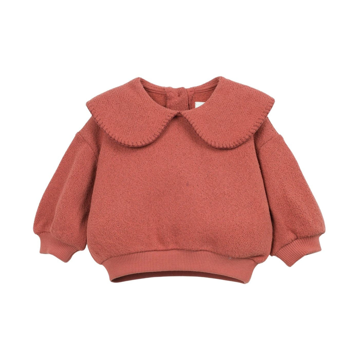 A terracotta-colored knit sweater for toddlers, featuring a large Peter Pan collar with scalloped edges, long balloon sleeves, and ribbed cuffs and hem, shown on a plain white background.