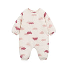 A long-sleeve baby romper in cream with a scattered pink and dusty rose cloud print, shown flat on a white background.