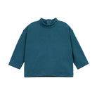 A dark teal long-sleeve mock neck top with a buttoned collar, displayed flat against a solid white background.