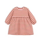 A pink and white striped long-sleeve baby dress with a gentle gathered waist.