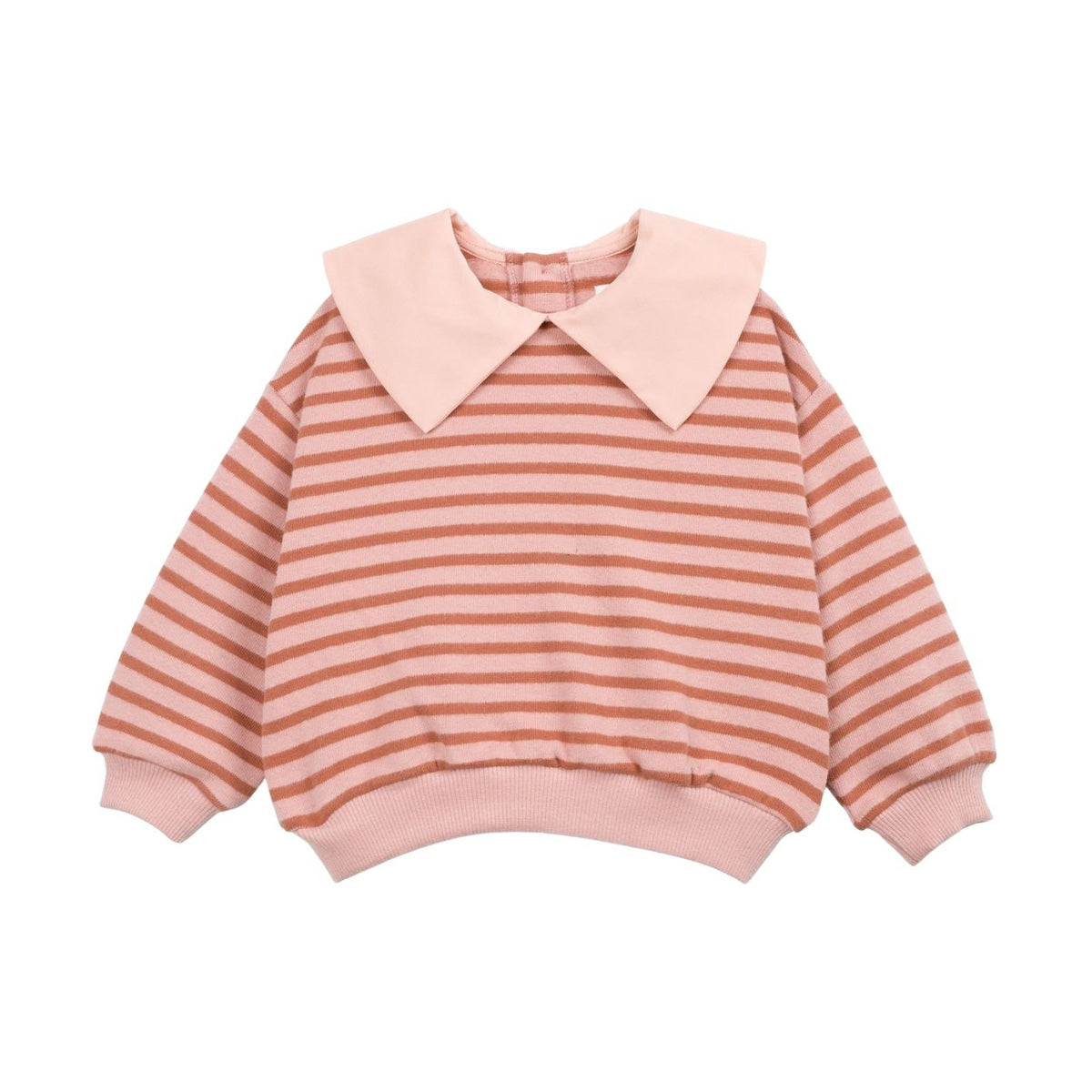 A children's long-sleeve knit top with horizontal stripes in dusty pink and terracotta orange, featuring a solid pale pink collar, cuffs, and hem, shown on a plain white background.