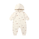 Quincy Mae organic cotton hooded jumpsuit in a cream "Holiday Drive" print featuring tiny vintage cars and trees, with an attached hood and asymmetrical front zipper.