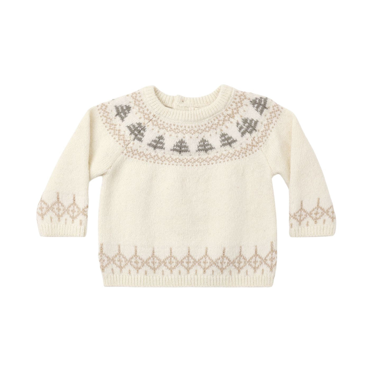 Cream-colored knit sweater featuring a festive Fair Isle tree pattern along the neckline and hem.