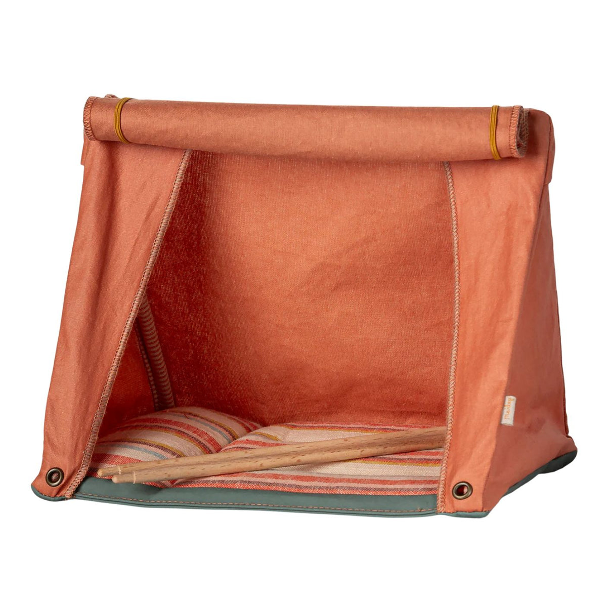 Orange pet tent with striped bedding on a white background