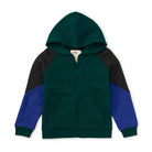 A color-blocked zip-up hoodie for kids, featuring a dark green body, black shoulder panels, and royal blue raglan sleeves, shown flat on a white background.
