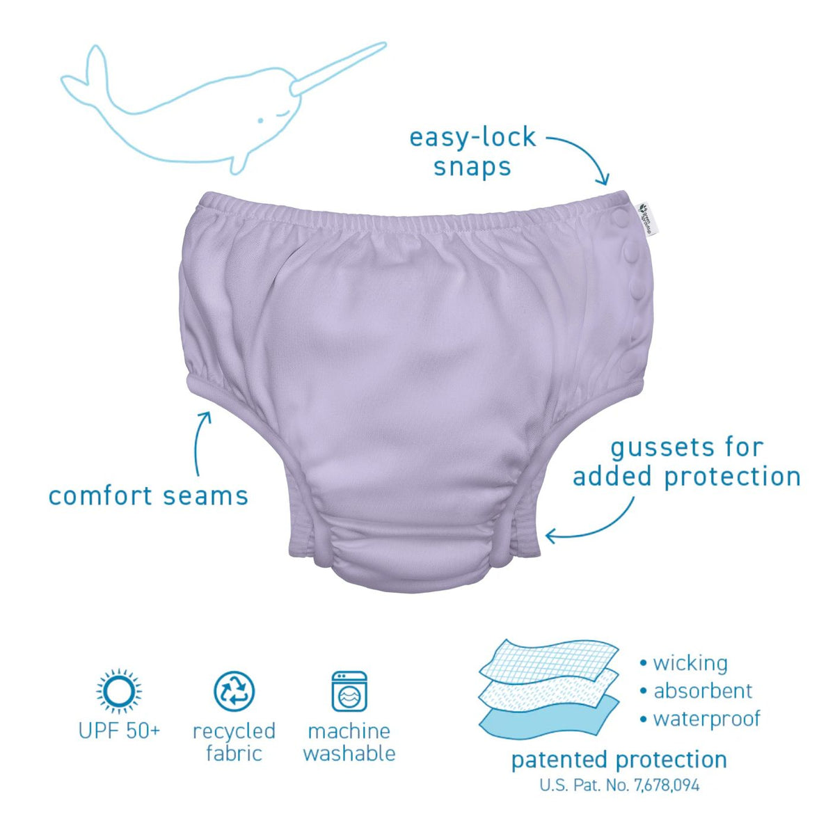 Purple diaper with features highlighted on a white background