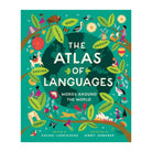 Book cover of 'The Atlas of Languages' with colorful illustrations and world map on a green background.