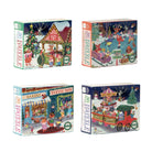 A 4-piece Christmas-themed jigsaw puzzle set featuring festive scenes: a decorated Christmas tree and market stall, a red carriage with toys, a Santa's toys bakery.