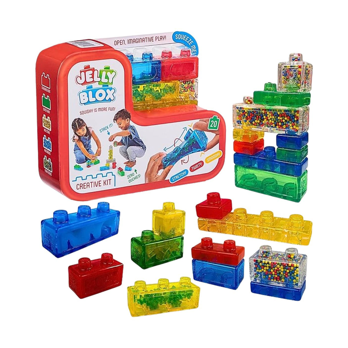 Product photo of the Jelly Blox Creative Kit by Continuum Games showing its red packaging box alongside various colorful, translucent squishy building blocks, including standard bricks and special blocks filled with beads and mini elements.