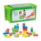 The product image displays the Jelly Blox Stash 'n' Stack toy set by Continuum Games.

It features a bright green, rectangular storage box with a translucent lid and a product label on the front showing children playing with the blocks. Surrounding the base of the box are 30 colorful, translucent squishy building blocks in various shapes and sizes, including special sensory blocks filled with colorful beads and mini pieces.