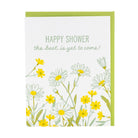 Greeting card with yellow flowers and 'Happy Shower' text on a white background