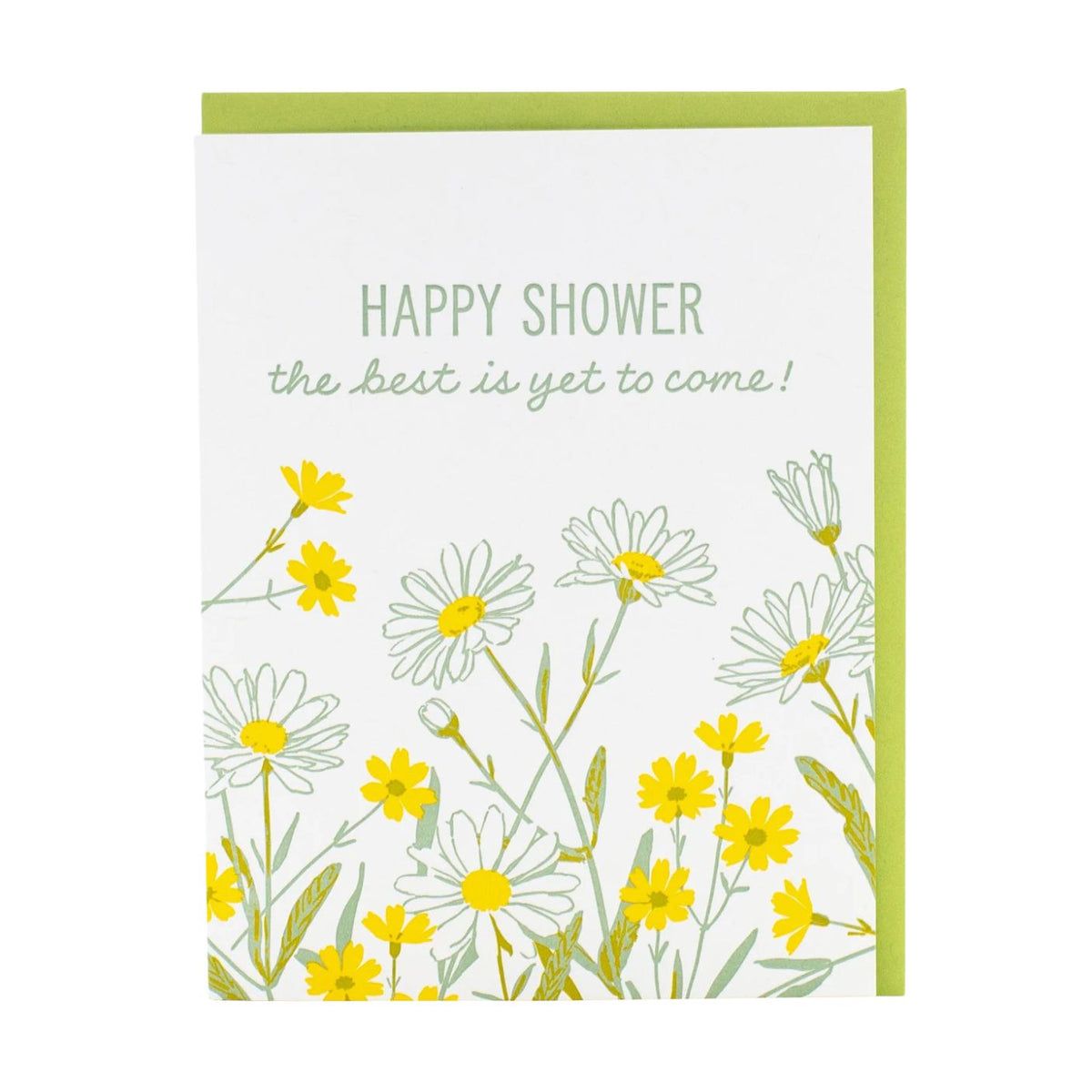 Greeting card with yellow flowers and 'Happy Shower' text on a white background