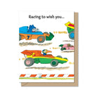 Card with cartoon race cars and text 'Racing to wish you...' on a white background