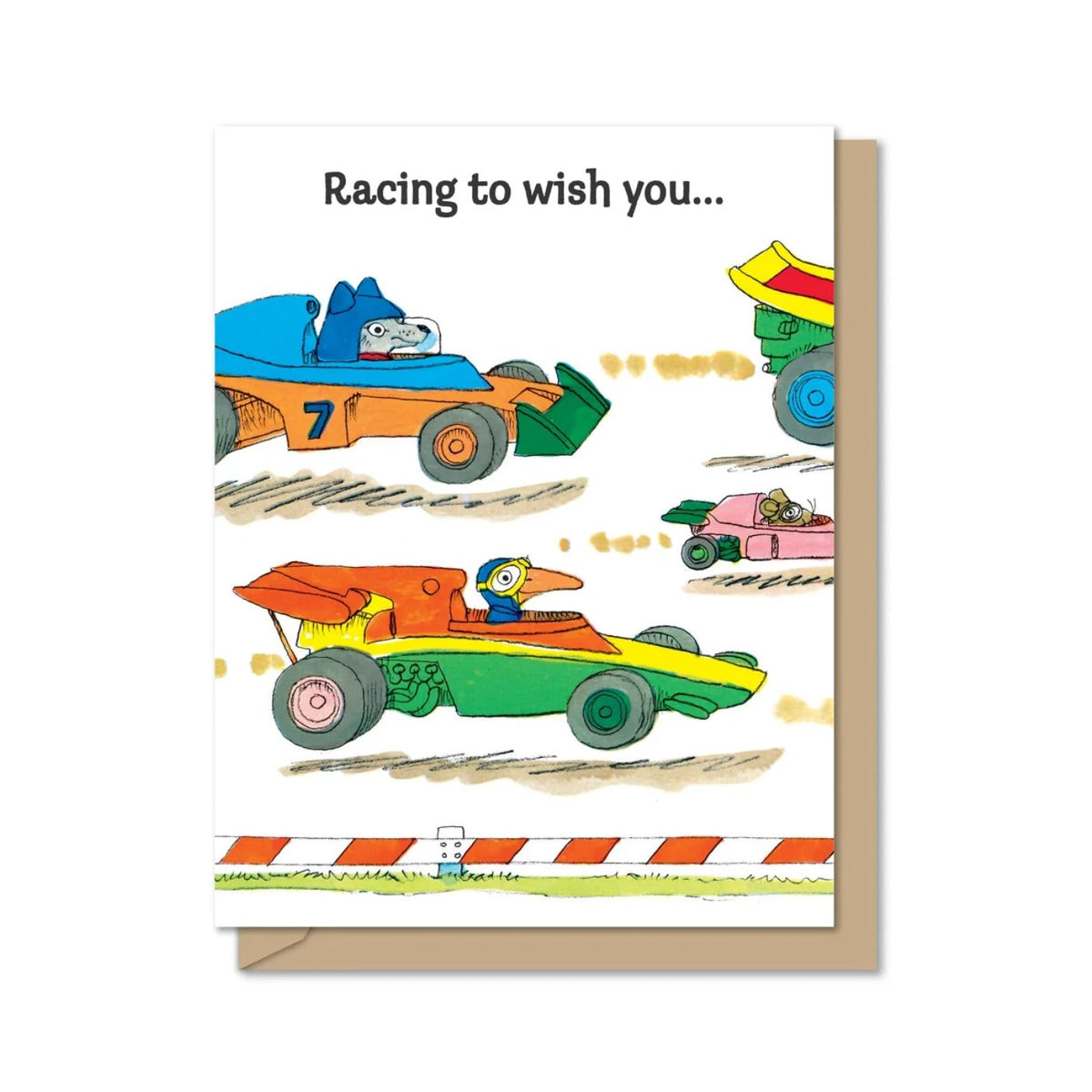 Card with cartoon race cars and text 'Racing to wish you...' on a white background