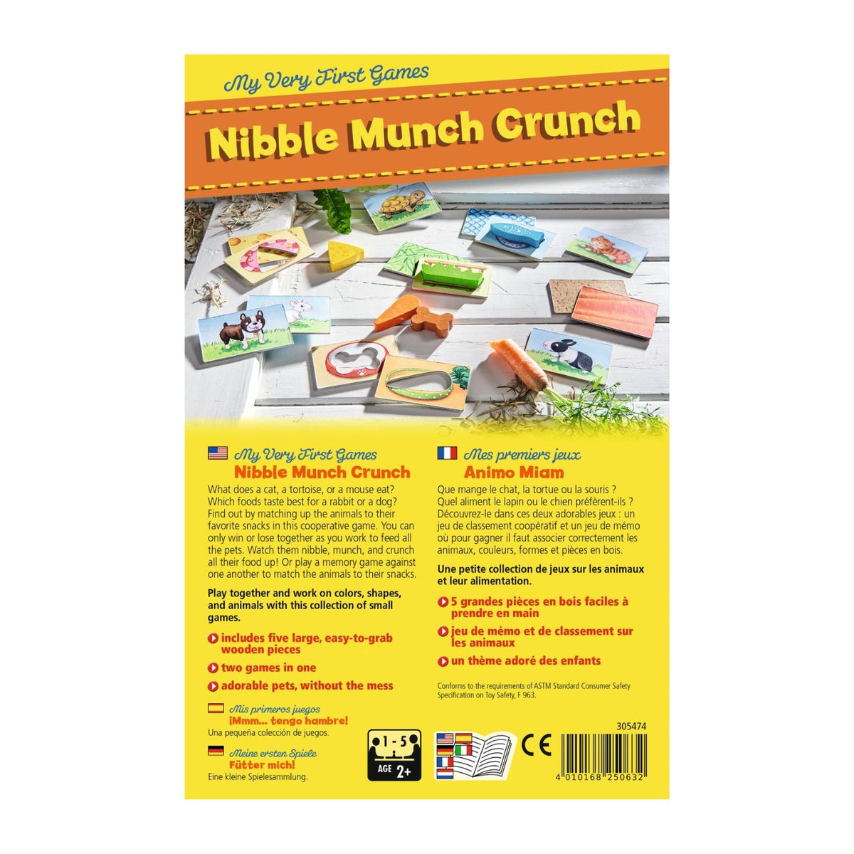 Back cover of a children's game packaging titled 'Nibble Munch Crunch' with colorful illustrations and text.