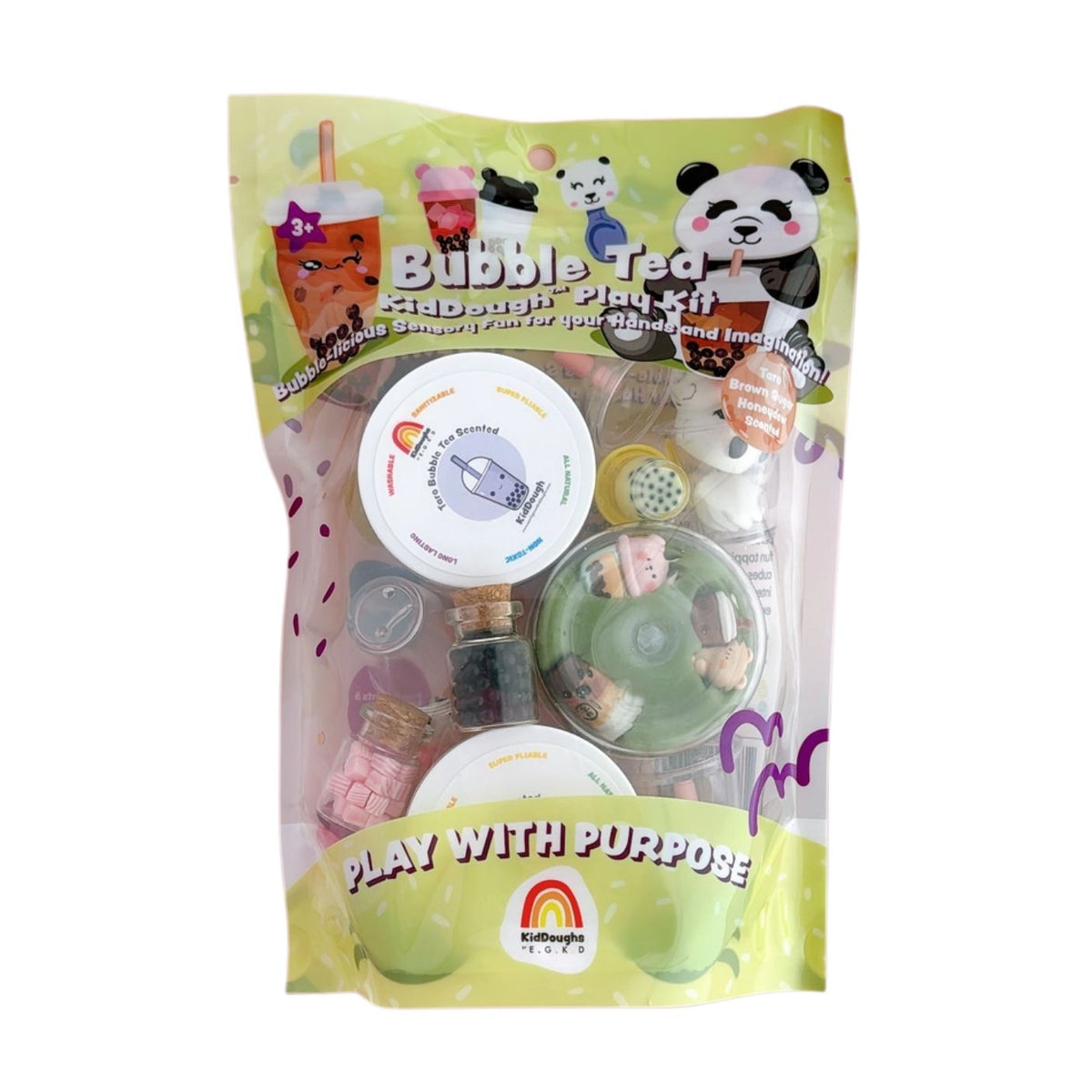 Packaged toy set with bubble tea-themed design on a white background