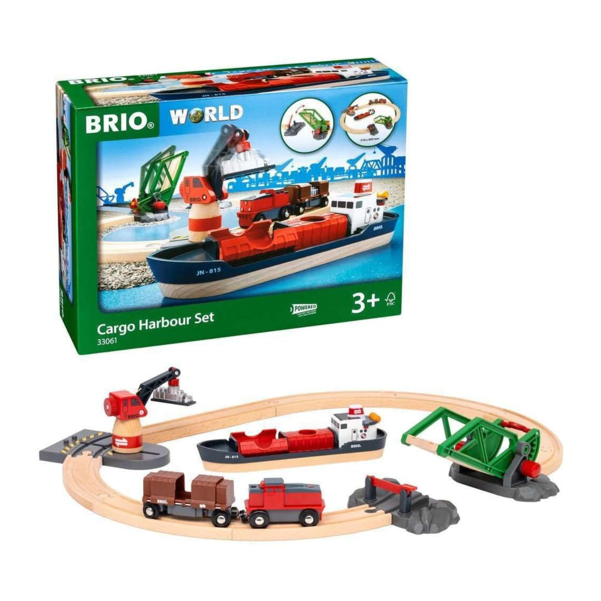 Brio World Cargo Harbour Set toy train set shown with its retail box and assembled wooden tracks, cargo ship, crane, bridge, and small vehicles on a white background.