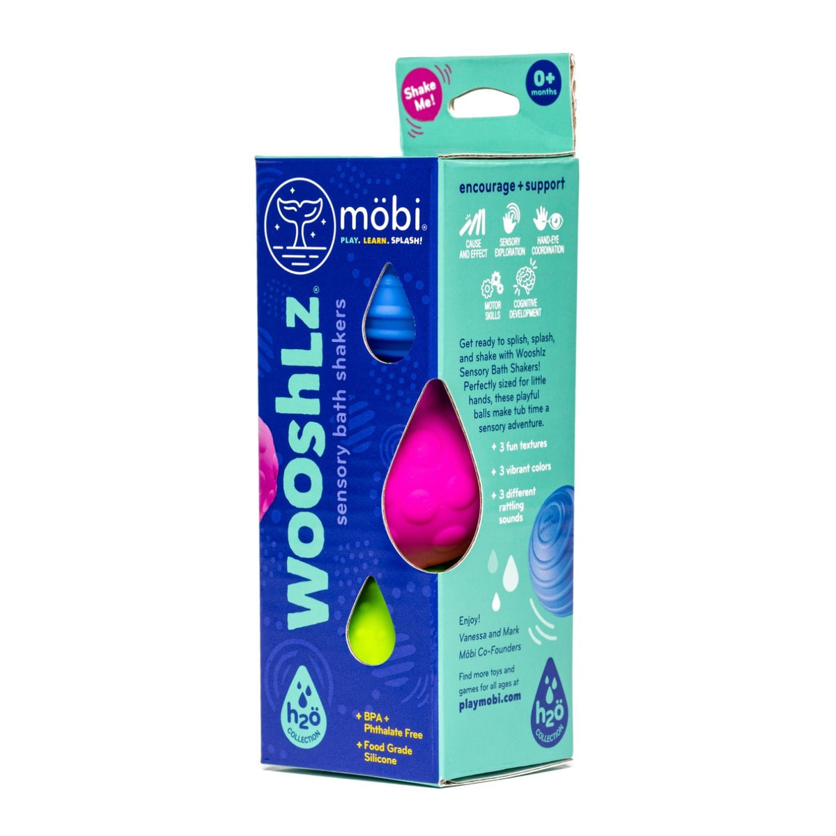 Box of Mobi Wooshlz sensory bath shakers with colorful droplet design on a white background