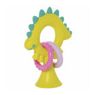 Yellow dinosaur-shaped teething ring with pink rings on a white background