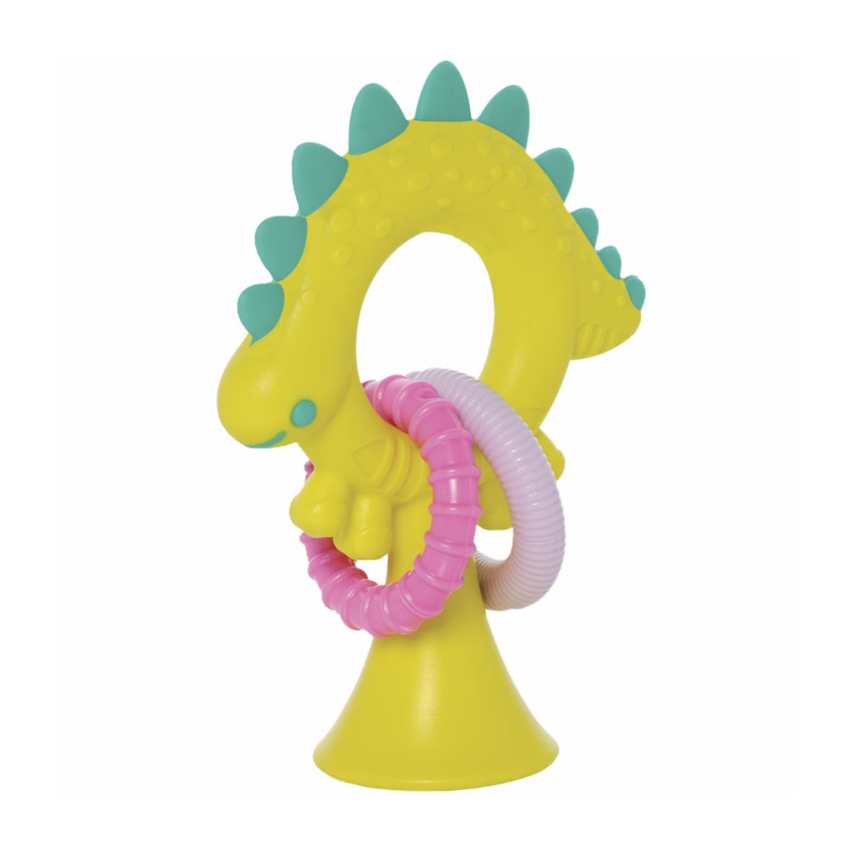 Yellow dinosaur-shaped teething ring with pink rings on a white background