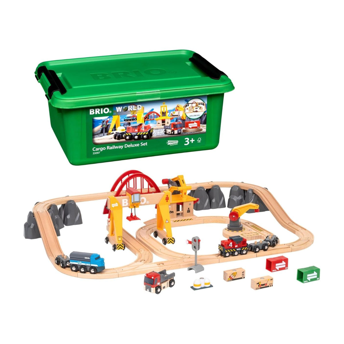 Brio World cargo railway deluxe set with green storage box on a white background