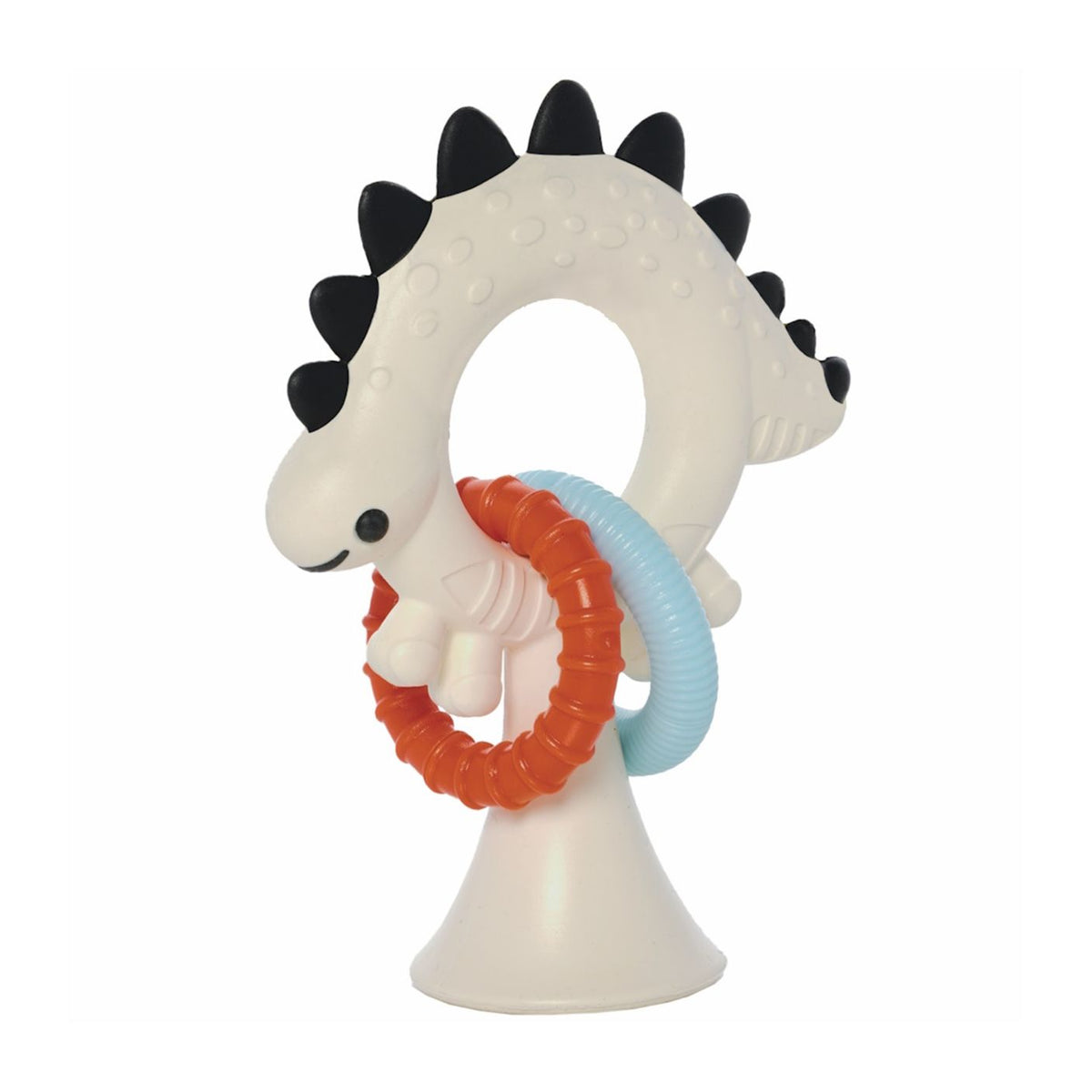 Dinosaur-shaped teething ring with orange and blue rings on a white background