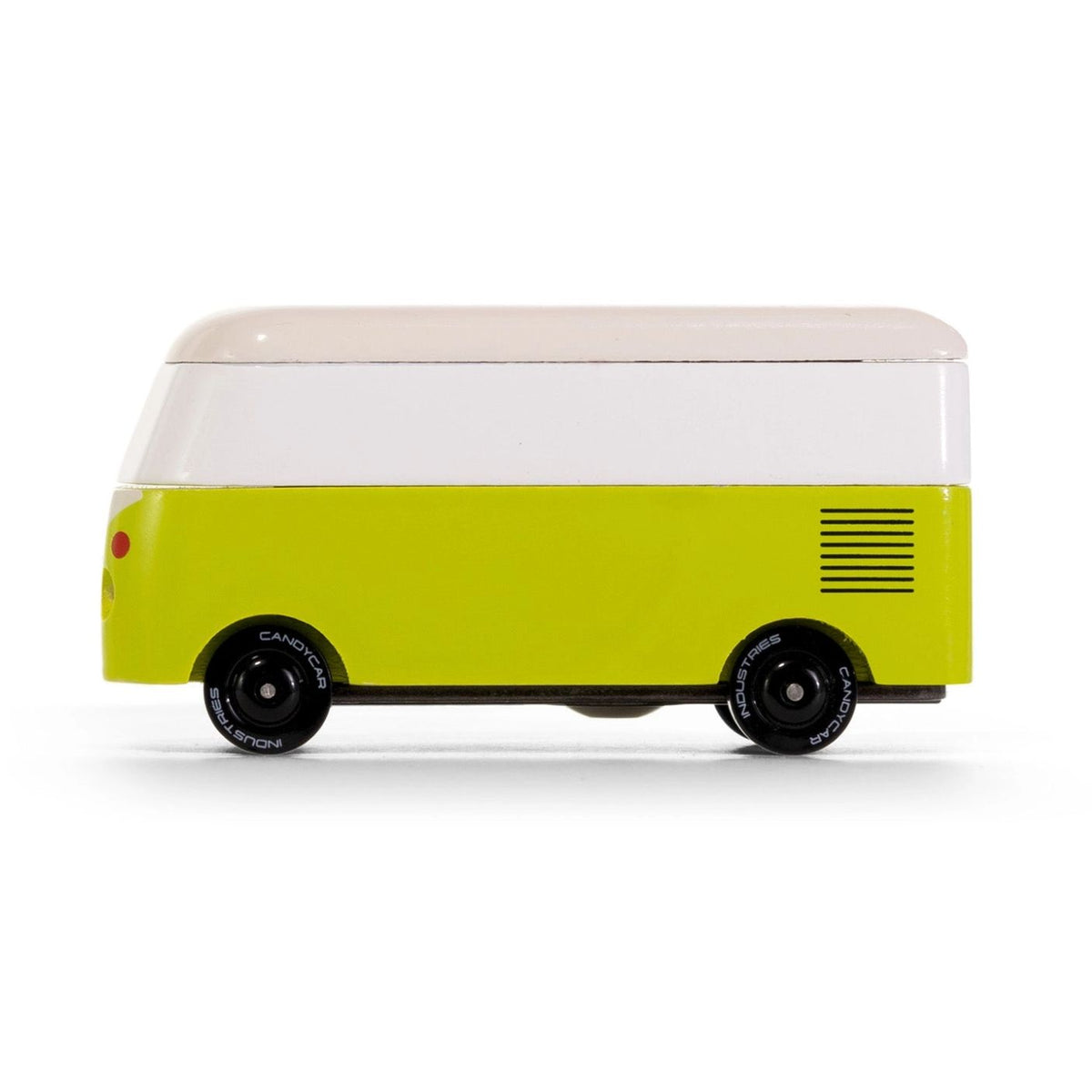 A toy model of a classic Volkswagen Type I bus in lime green and white, featuring black wheels with 'CARTOON' branding, shown from a side profile on a white background.