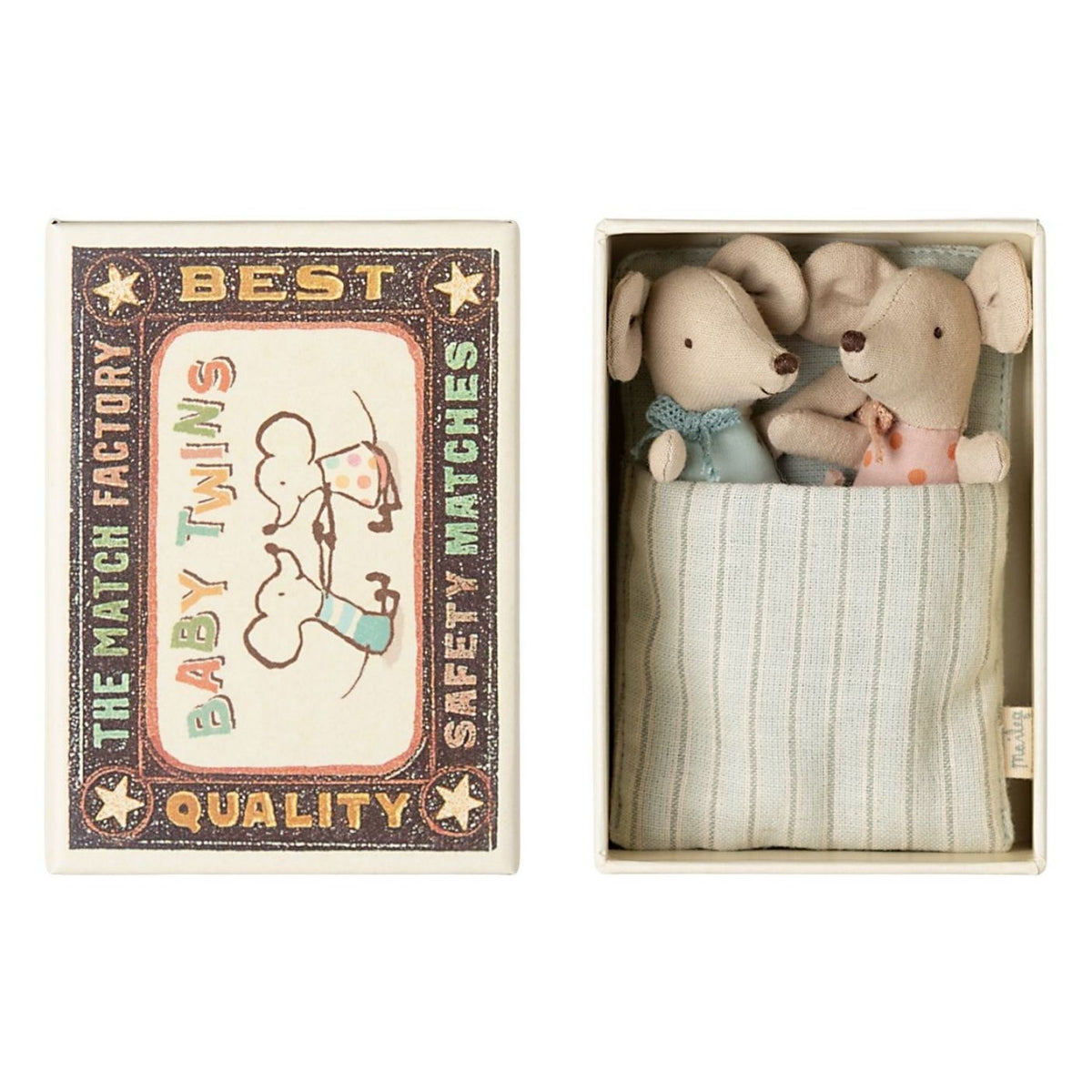 A boxed set of two plush mouse toys nestled in a striped fabric pouch, displayed beside its illustrated matchbox-style packaging on a white background.
