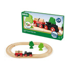 BRIO Little Forest Train Set shown with its retail packaging on a clean white background. The set includes a black wooden train with red wheels, a red log-carrying car, light natural wood tracks, and green tree pieces.
