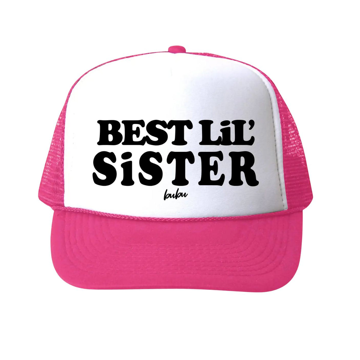 Pink and white cap with 'BEST LIL' SISTER' text on a white background