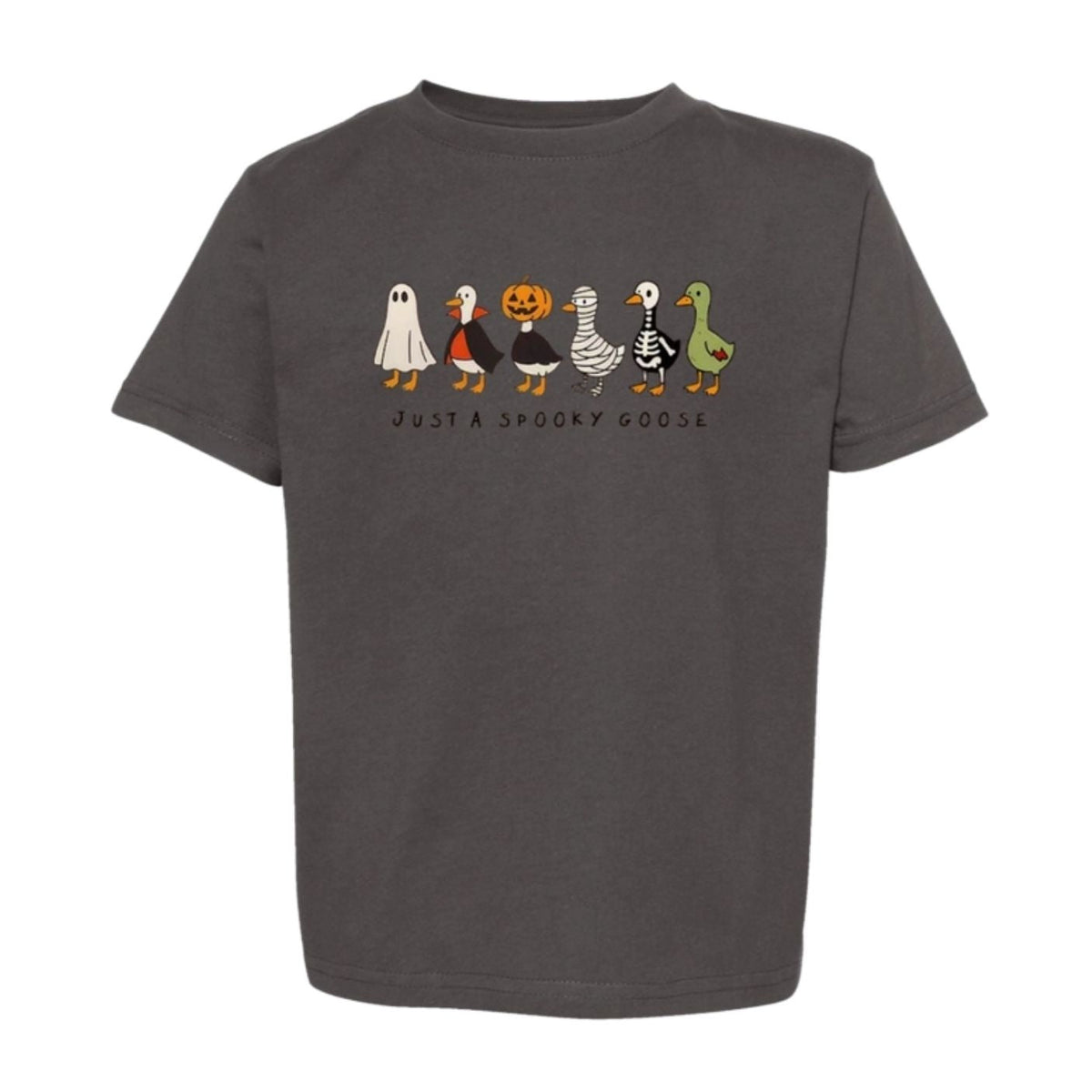 A dark gray heather short-sleeve t-shirt with a graphic of five cartoon geese in Halloween costumes on the chest, with the text 'JUST A SPOOKY GOOSE' underneath, displayed on a solid white background.