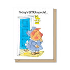 Card with a cartoon pig in a blue dress standing at a door, with text 'Today's EXTRA special...'.