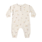 A baby long-sleeve romper in cream with a small beige and brown animal print, featuring a three-button henley neckline and a chest pocket.
