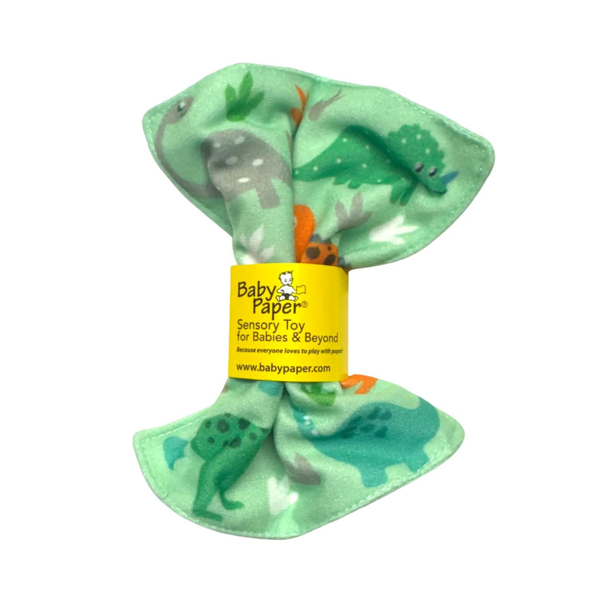 Baby Paper sensory toy made of soft green fabric with dinosaur illustrations and a yellow paper band in the center, photographed on a plain white background.