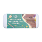 A Cotton Twist Pastel Mix Watercolours Pencils set in a white metal tin with a teal and white label, showing 10 pastel and 10 watercolour pencils.