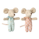 Two plush mouse toys, one in light blue with star pattern and the other in pink with orange polka dots, on a white background.