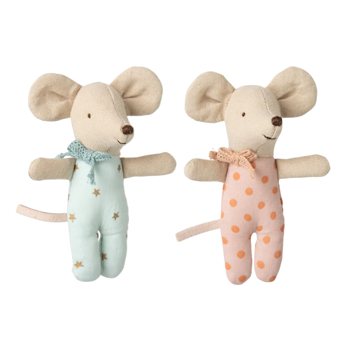 Two plush mouse toys, one in light blue with star pattern and the other in pink with orange polka dots, on a white background.