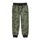 Camouflage pants with black drawstring and cuffs on a white background