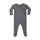 A gray long-sleeve baby wrap footie with a side button closure and attached feet.