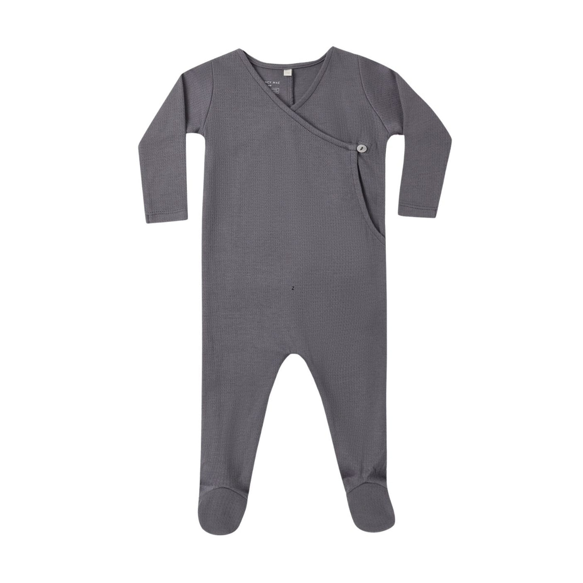 A gray long-sleeve baby wrap footie with a side button closure and attached feet.