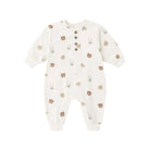 An off-white long-sleeve baby footless one-piece romper with an all-over cute animal print of bears, bunnies, and llamas, featuring a button-up front.
