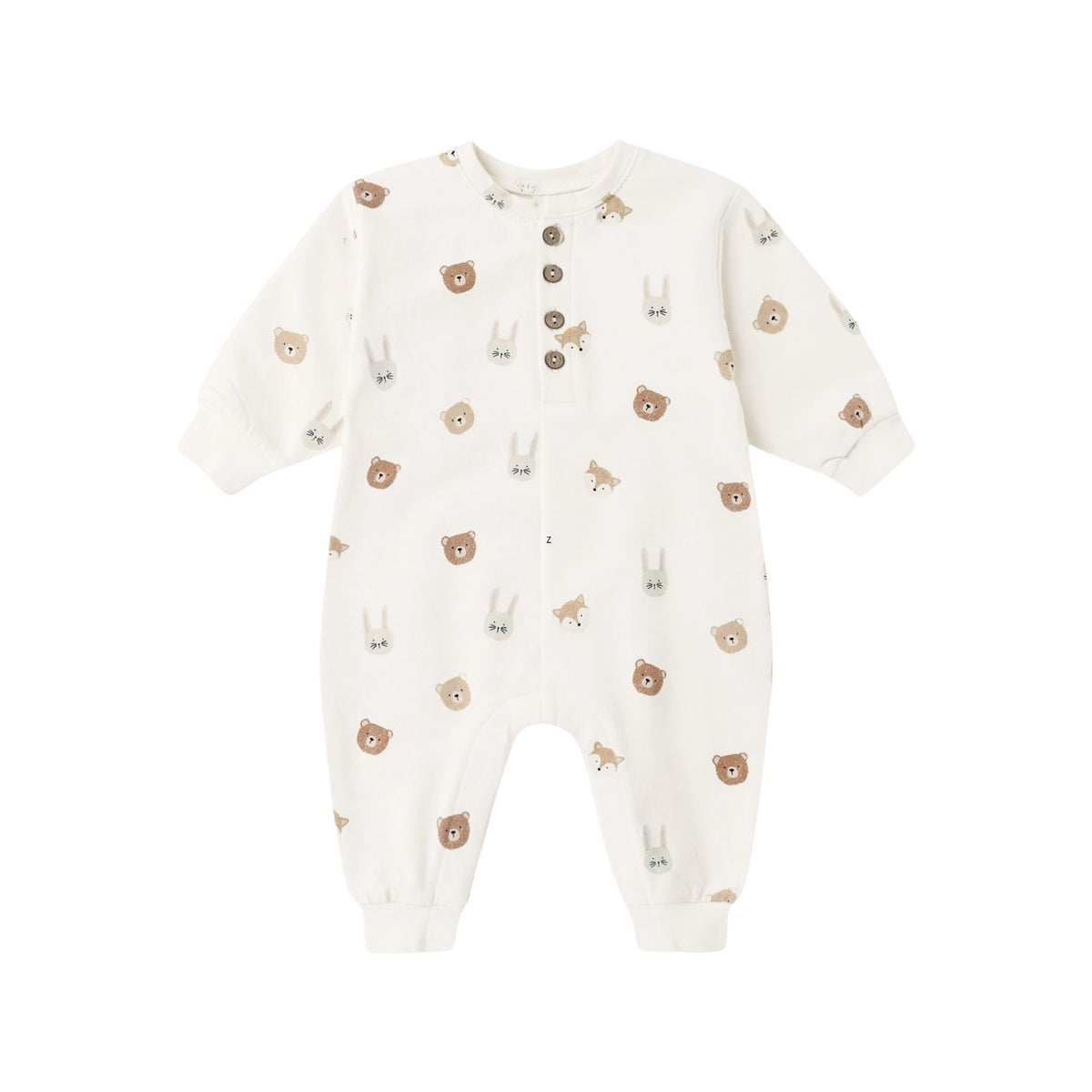 An off-white long-sleeve baby footless one-piece romper with an all-over cute animal print of bears, bunnies, and llamas, featuring a button-up front.